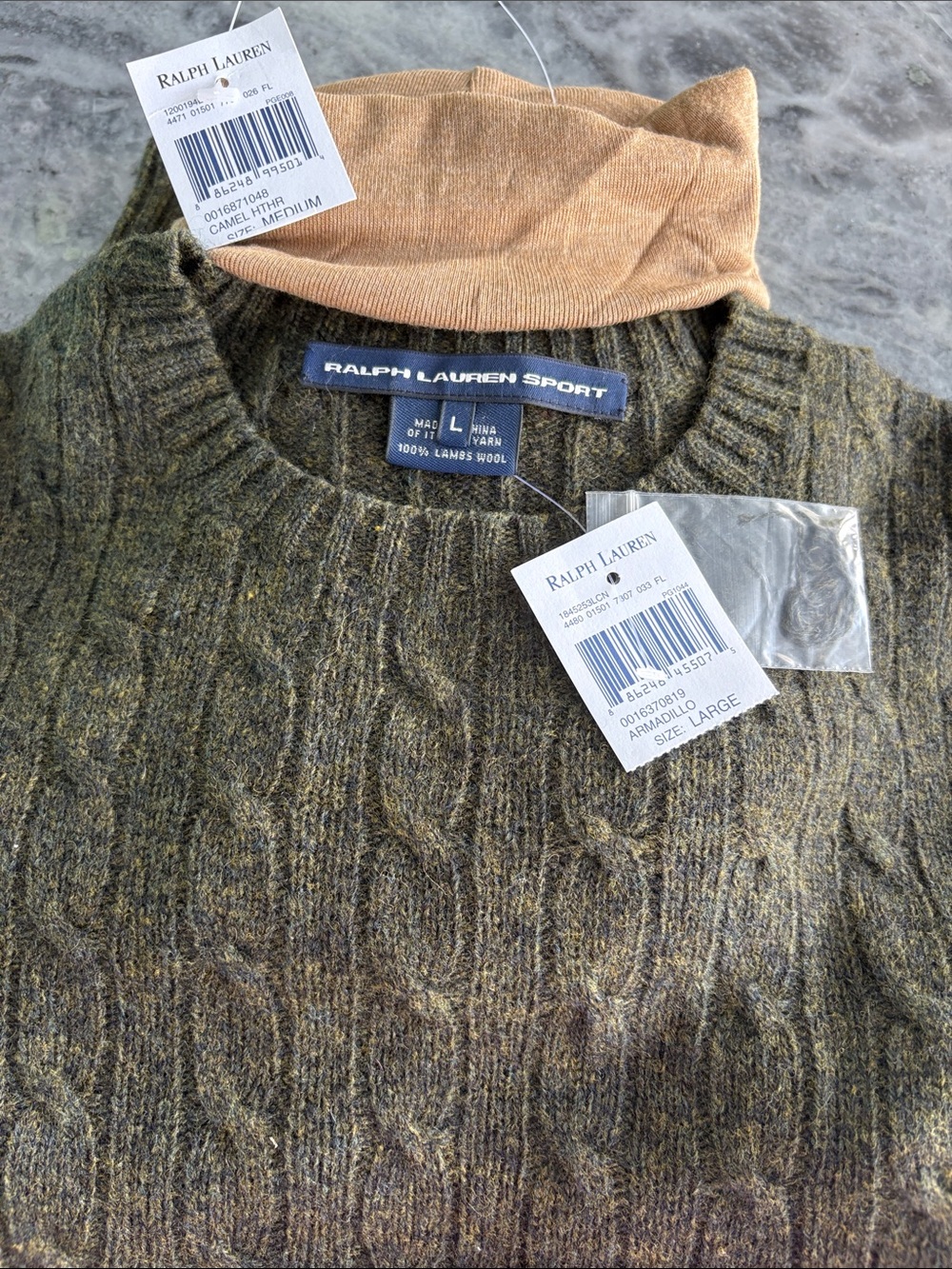 Ralph Lauren Sport Olive Cable-Knit Lambswool Crewneck with Tan Collar Detail